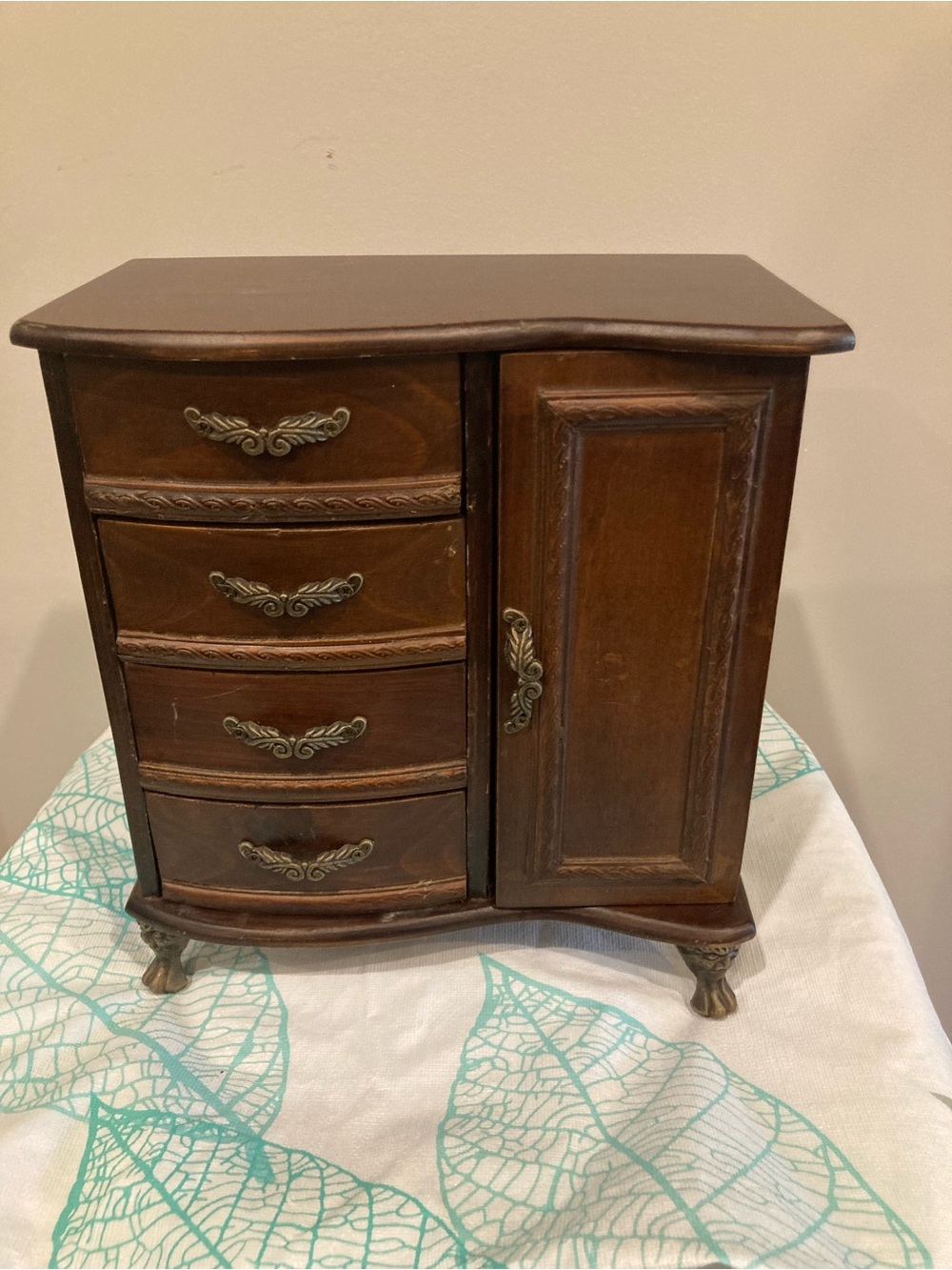 Wood Finish Jewelry Chest with Four Drawers and Side Cabinet - Brown
